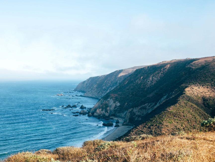 Aerial view of a California coastline and cliffs 