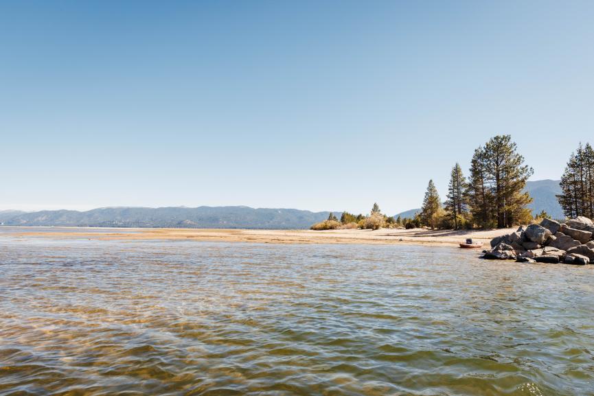 a sunny shoreline of Lake Tahoe with pines, rocks, and waving water