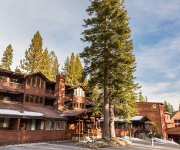 Main Lodge at Granlibakken with pine trees in foreground
