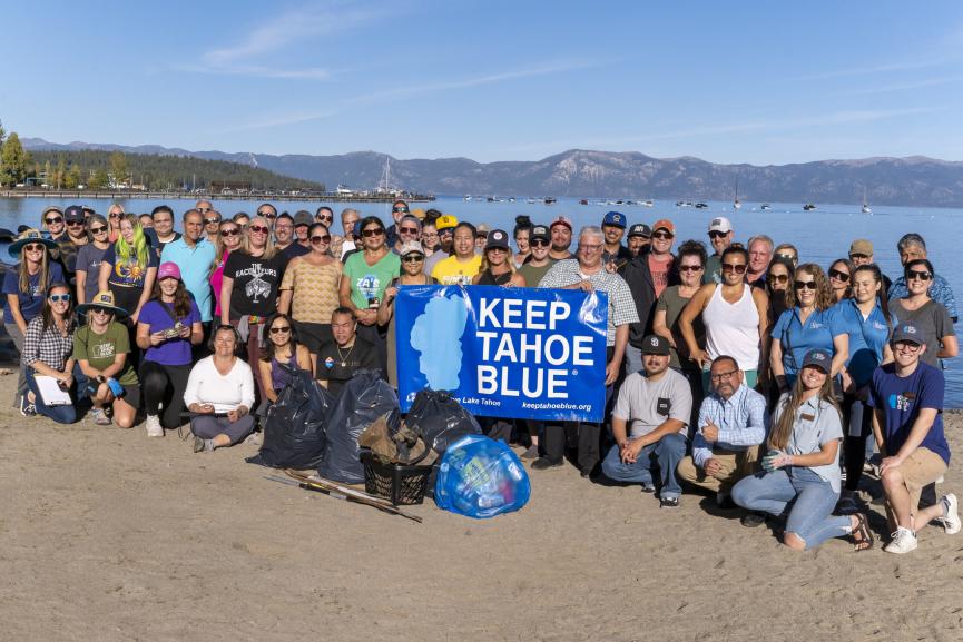 A group gathered in front of Lake Tahoe
