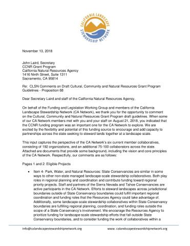 Comments on Draft Cultural, Community and Natural Resources Grant Program Guidelines - Proposition 68
