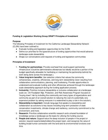 Funding & Legislation Working Group DRAFT Principles of Investment