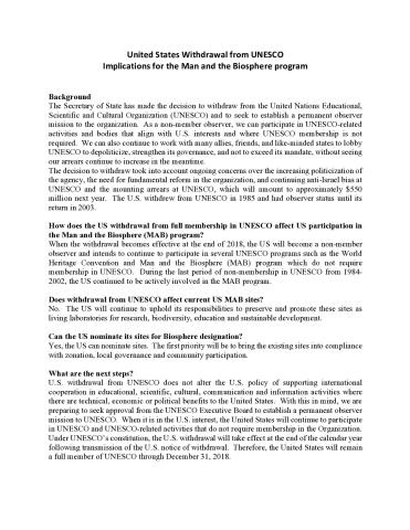 United States Withdrawal from UNESCO Implications for the Man and the Biosphere program