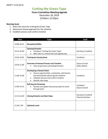 Cutting Green Tape: Focus Committee Meeting Agenda