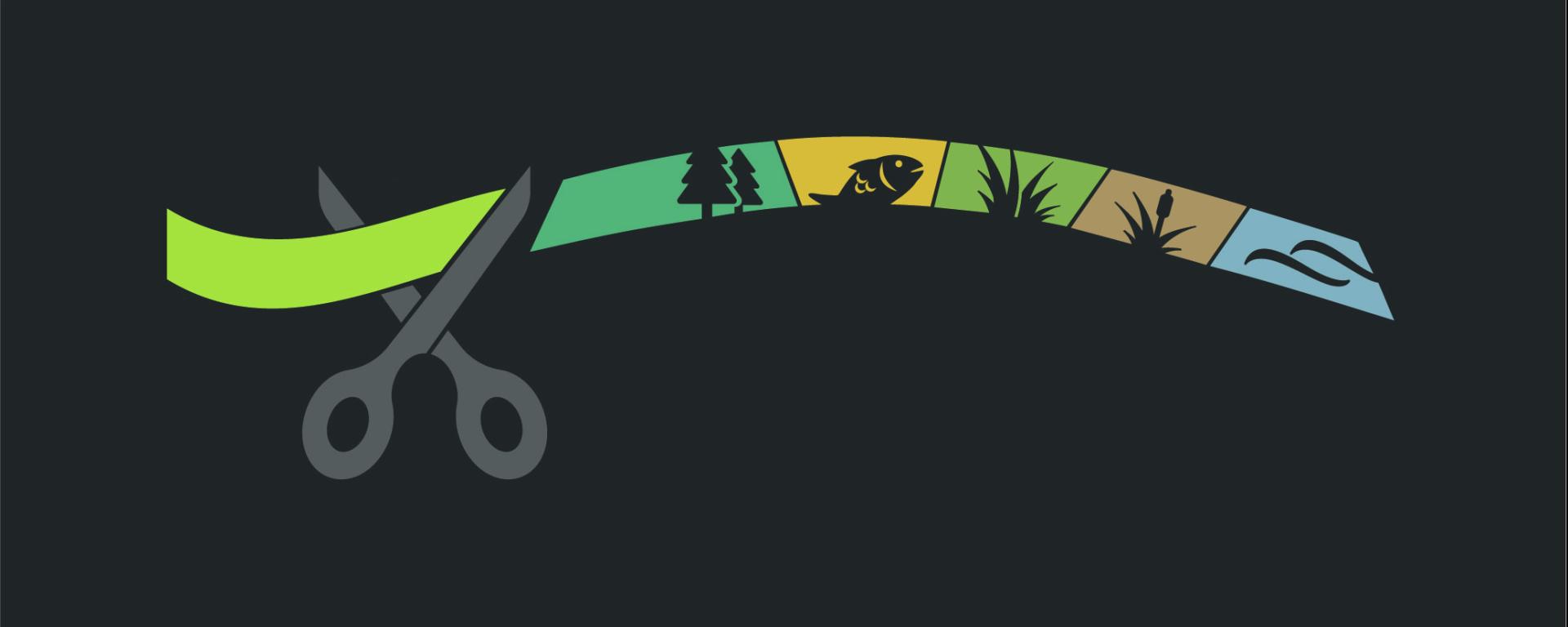 A pair of scissors cutting a ribbon with nature icons on it 